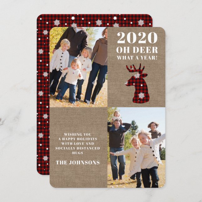 Burlap Oh Deer Plaid Snowflakes Photo Holiday Card (Front/Back)