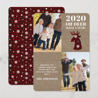 Burlap Oh Deer Plaid Snowflakes Photo Holiday Card