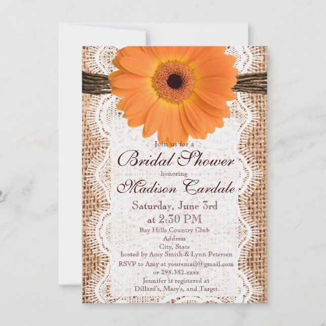 Burlap Orange Daisy Bridal Shower Invitations (Front)