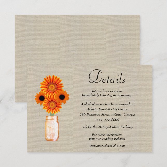 Burlap Orange Floral Mason Jar Wedding Details Enclosure Card (Front/Back)