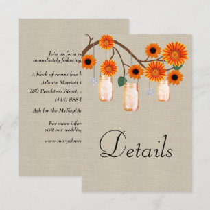 Burlap Orange Floral Mason Jars Wedding Details Enclosure Card