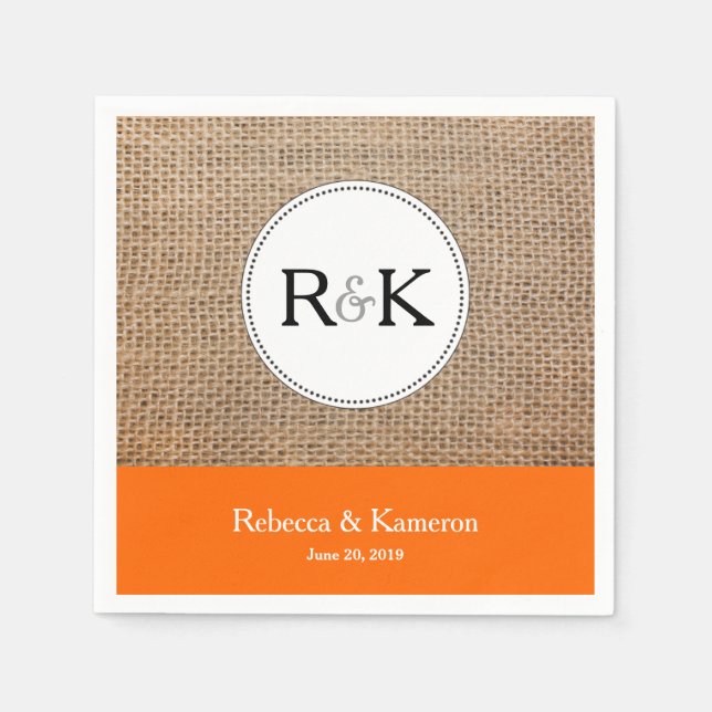 Burlap & Orange Monogrammed Wedding Napkin (Front)