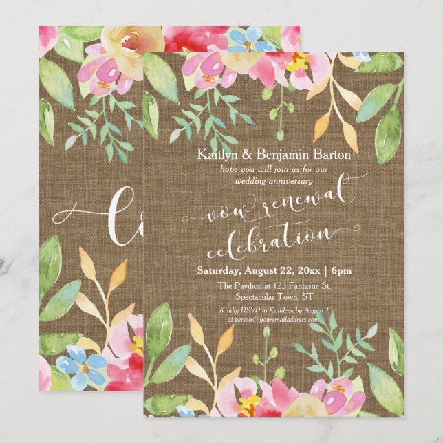 Burlap Painted Flowers Vow Renewal Celebration Invitation (Front/Back)