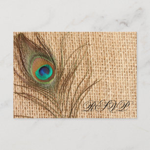 Burlap Peacock Feather Wedding RSVP Card