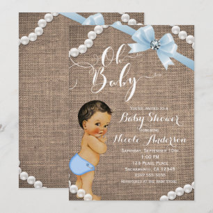 Burlap & Pearls Blue Bow Brunette Tan Baby Shower Invitation