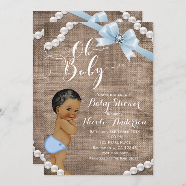 Burlap & Pearls Blue Bow Ethnic Baby Boy Shower Invitation (Front/Back)