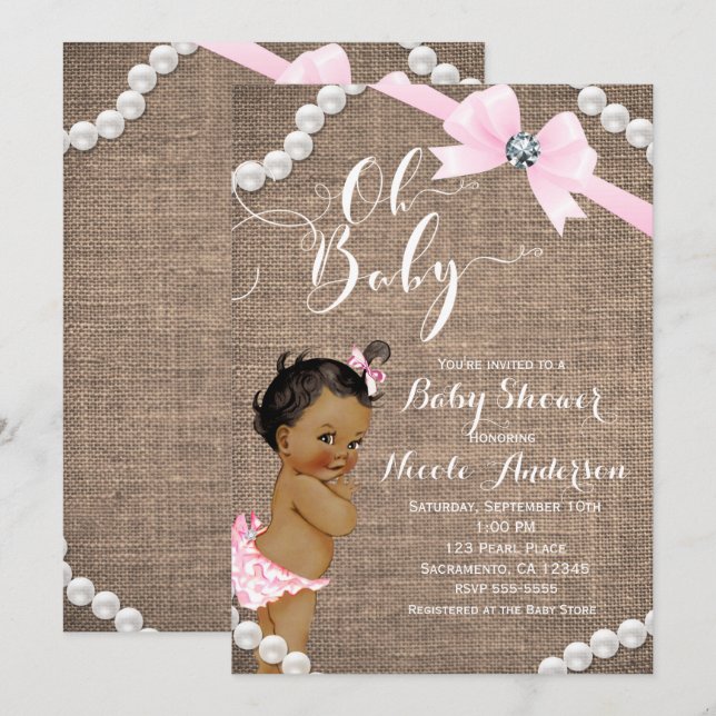 Burlap & Pearls Pink Bow Ethnic Girl Baby Shower Invitation (Front/Back)