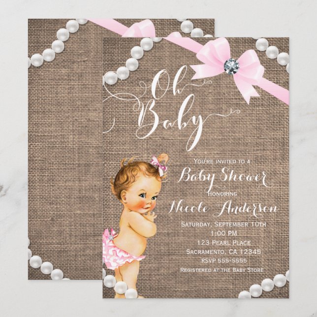 Burlap & Pearls Pink Bow Girls Baby Shower Invitation (Front/Back)