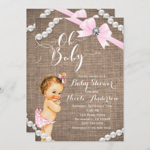 Burlap & Pearls Pink Bow Girls Baby Shower Invitation