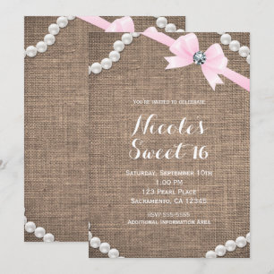 Burlap & Pearls Pink Bow Glamour Sweet 16 Party Invitation