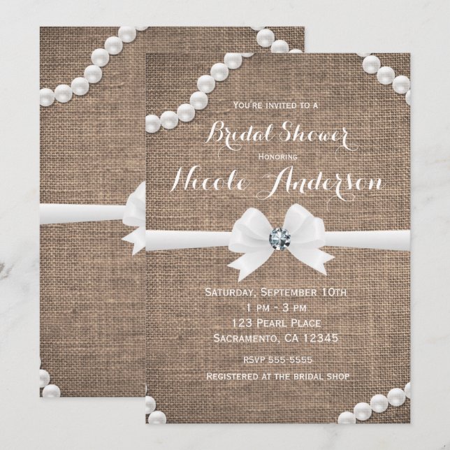 Burlap & Pearls Rustic Glamour Bridal Shower Invitation (Front/Back)