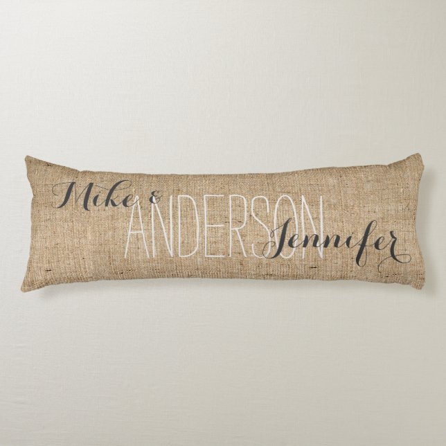 Burlap Personalise Wedding Names Date Gift Body Cushion (Front)