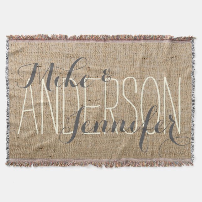 Burlap Personalised Wedding Bride & Groom's Names Throw Blanket (Front)
