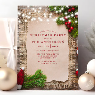 Burlap Pine String Lights Rustic Christmas Party Invitation