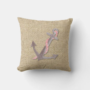 Burlap pink boat anchor decorative pillow