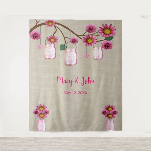 Burlap Pink Floral Mason Jars Photo Backdrop Tapestry (Front)
