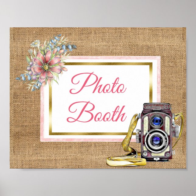 Burlap Pink Floral Photo Booth Wedding Sign Poster (Front)