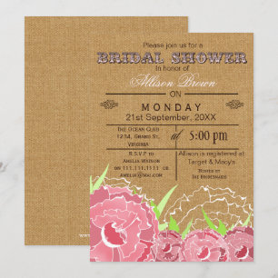 Burlap , pink floral, rustic bridal shower Invites