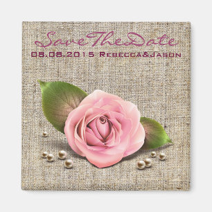 burlap pink rose rustic country spring wedding magnet