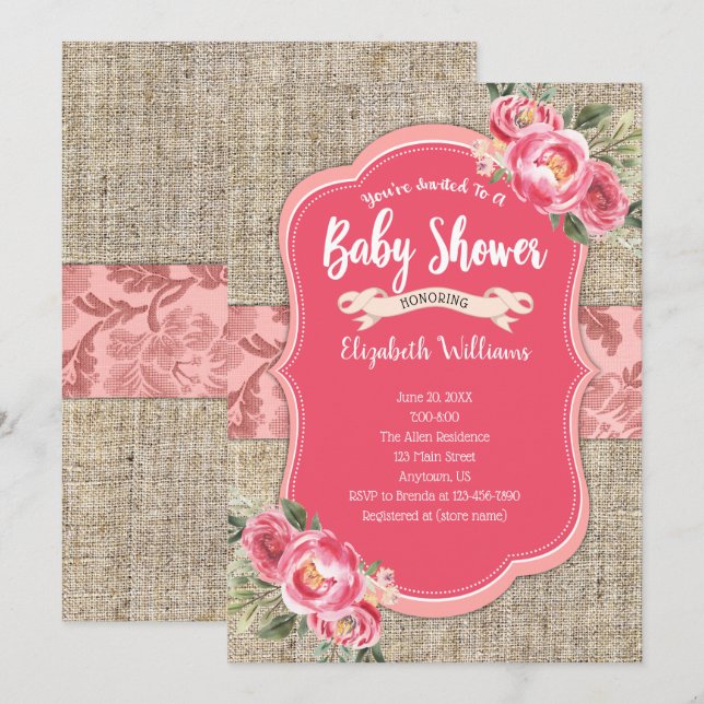 Burlap Pink Watercolor Flowers Girl Baby Shower Invitation (Front/Back)