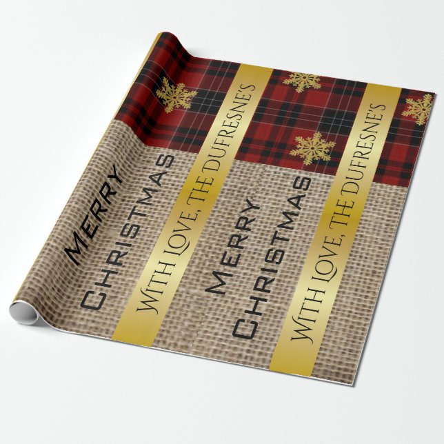 Burlap, Plaid & Gold Personalised Wrapping Paper (Unrolled)
