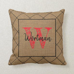 Burlap Plaid Rustic Red Monogram Throw Pillow