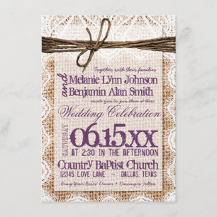 Burlap Print Plum Typography Wedding Invitations