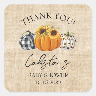 Burlap Pumpkin & Sunflower Baby Shower Thank You Square Sticker