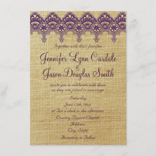 Burlap Purple Damask Lace Wedding Invitations