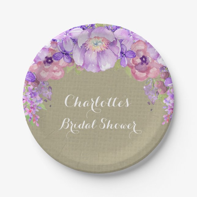 Burlap Purple Lilac Floral Bridal Shower Plate (Front)