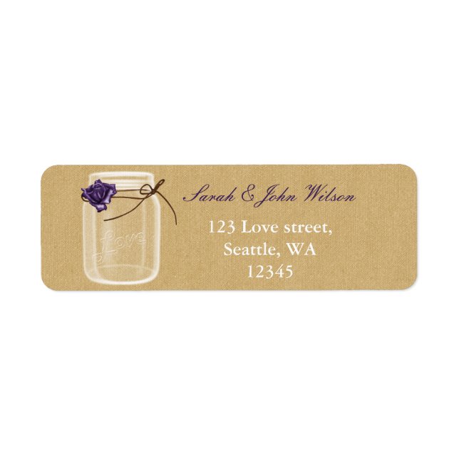 burlap purple rose mason jar return address label (Front)