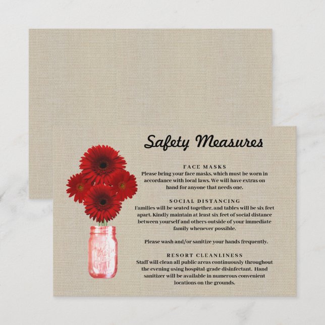 Burlap Red Floral Mason Jar Safety Measures Enclosure Card (Front/Back)