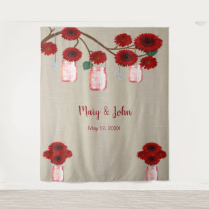 Burlap Red Floral Mason Jars Photo Backdrop Tapestry