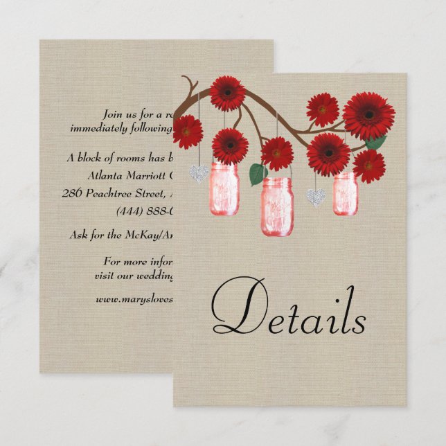 Burlap Red Floral Mason Jars Wedding Details Enclosure Card (Front/Back)