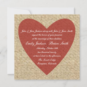 Burlap red heart rustic wedding invitations
