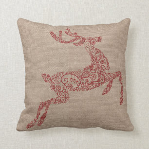 Burlap Red Reindeer Cushion