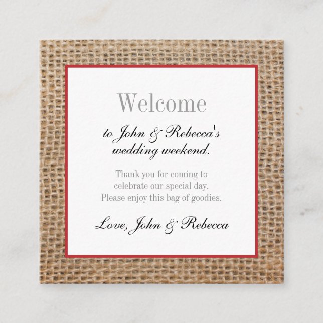 Burlap & Red Wedding Welcome Card (Front)