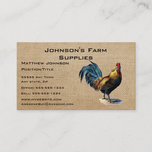 Burlap Roster Farm Supply Store Business Card (Front)