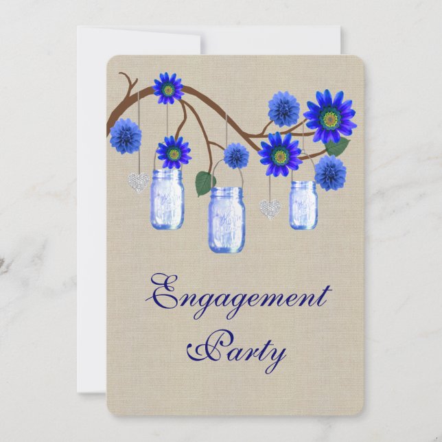 Burlap Rustic Blue Mason Jars Engagement Party Invitation (Front)