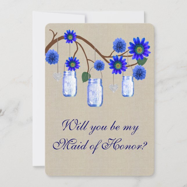 Burlap Rustic Blue Mason Jars Maid Of Honour Card (Front)
