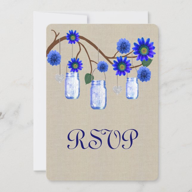Burlap Rustic Blue Mason Jars Response Card (Front)