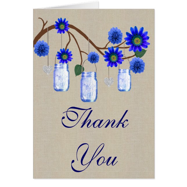 Burlap Rustic Blue Mason Jars Thank You Card (Front)