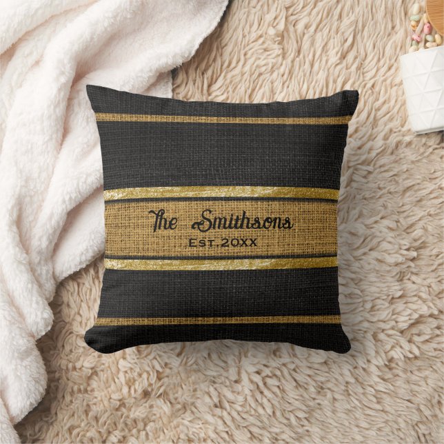  Burlap Rustic Brown Black Gold Custom Family Name Cushion (Blanket)