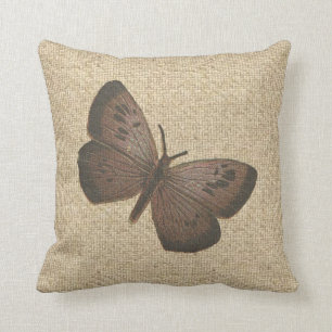 Burlap rustic brown butterfly decorative pillow