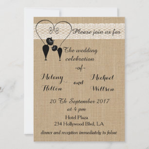 Burlap rustic funny cats in love wedding invitation