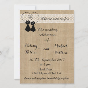 Burlap rustic funny cats in love wedding invitation