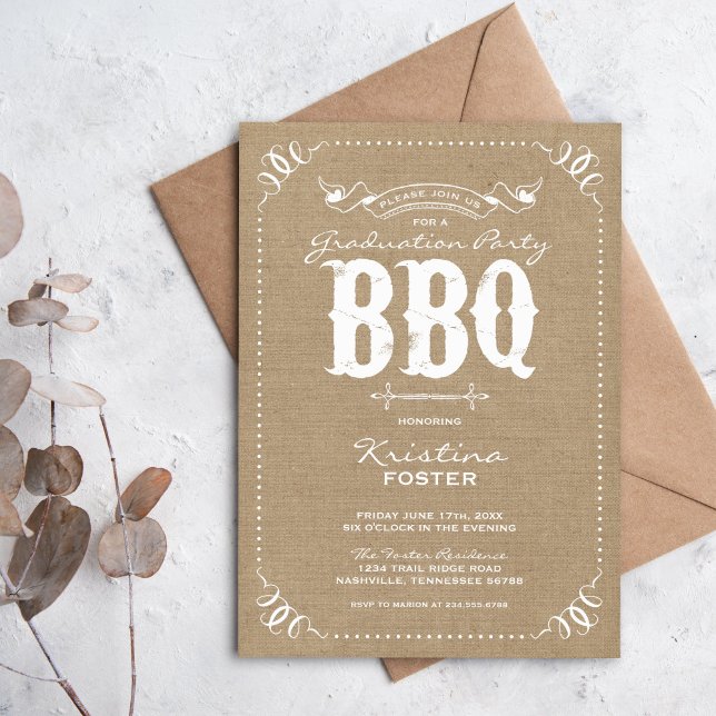 Burlap Rustic Graduation Party BBQ Invitation (Creator Uploaded)