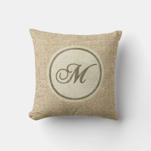 Burlap rustic letter M decorative pillow