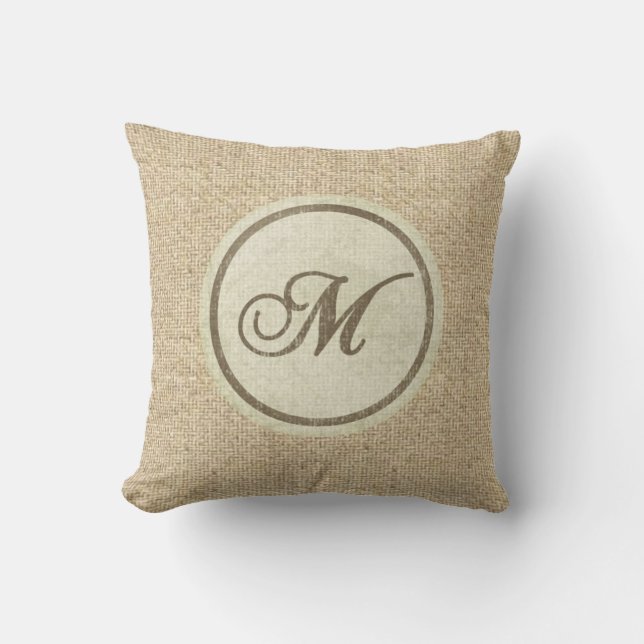 Burlap rustic letter M decorative pillow (Front)