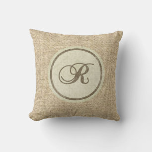 Burlap rustic letter R decorative pillow